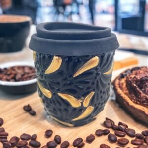 Cappuccino Cup Gold Details, Mexican Coffee Mug, Puebla Talavera Pottery, Ceramic Thermos, Handmade Lead-Free Includes Lid, Custom Available