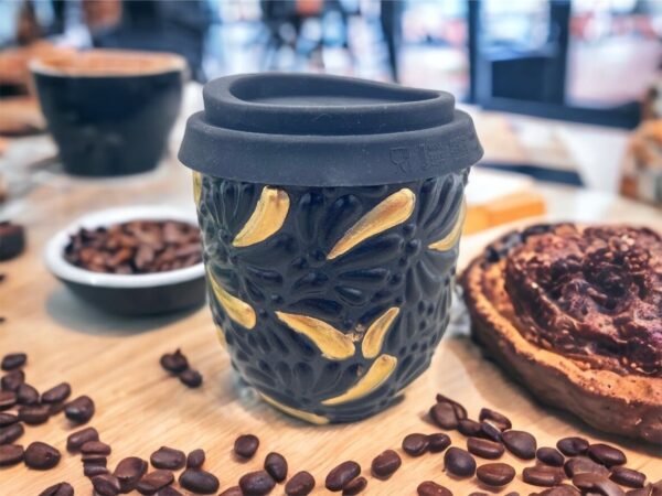 Cappuccino Cup Gold Details, Mexican Coffee Mug, Puebla Talavera Pottery, Ceramic Thermos, Handmade Lead-Free Includes Lid, Custom Available
