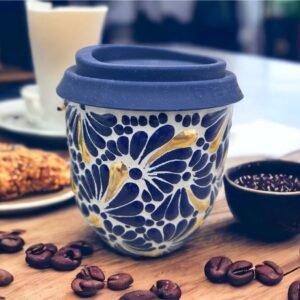 Cappuccino Cup Gold Details, Mexican Coffee Mug, Puebla Talavera Pottery, Ceramic Thermos, Handmade Lead-Free Includes Lid, Custom Available