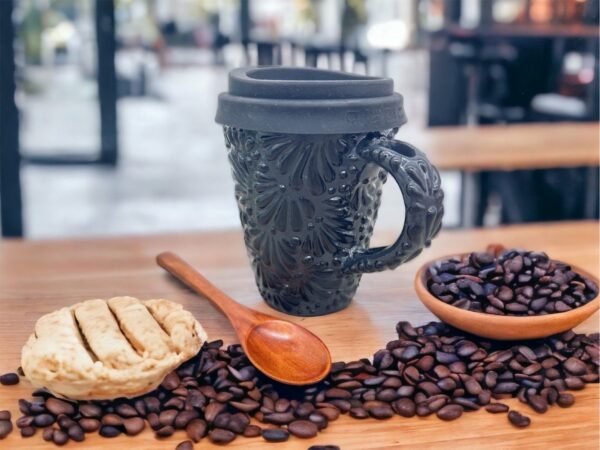 Cappuccino Cup, Wooden Spoon Mexican Coffee Mug, Puebla Talavera Pottery, Ceramic Thermos, Handmade Lead-Free, Custom Available