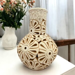 Oaxaca Vase White And Brown Clay Handcrafted Plant Pot, Pottery Luminary, White Clay Vase, Mexican Vase, Oaxaca Pottery For Home Decor