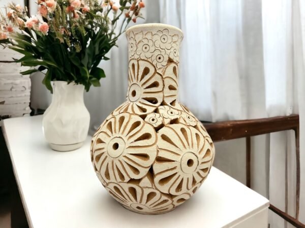 Oaxaca Vase White And Brown Clay Handcrafted Plant Pot, Pottery Luminary, White Clay Vase, Mexican Vase, Oaxaca Pottery For Home Decor