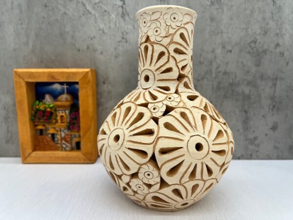 Oaxaca Vase White And Brown Clay Handcrafted Plant Pot, Pottery Luminary, White Clay Vase, Mexican Vase, Oaxaca Pottery For Home Decor - Image 2