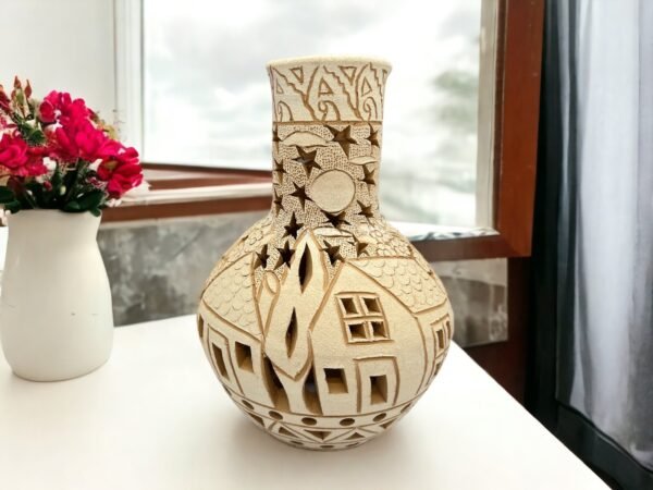 Oaxaca Vase White And Brown Clay Handcrafted Plant Pot, Pottery Luminary, White Clay Vase, Mexican Vase, Oaxaca Pottery For Home Decor