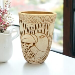 Oaxaca Vase White And Brown Clay Handcrafted Plant Pot, Pottery Luminary, White Clay Vase, Mexican Vase, Oaxaca Pottery For Home Decor