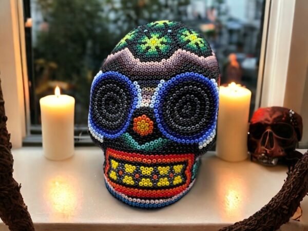Human skull Huichol Sculpture Of Mexican Folk Art, Skull head  Wixarika As A Mexican Decorative Figure , Made Of Wood And Beads