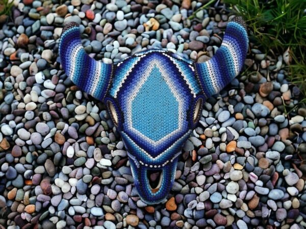 Sheep Sculpture Huichol Statue Of Mexican Folk Art, Bighorn Sheep Wixarika As A Mexican Decorative Figure, Made Of Resin And Beads