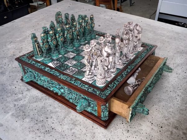 Chess set 16.53” x 16.53”, Resin Chess set in green and white, Mexican chess, Chess set handmade, Soviet chess set, Wooden chess