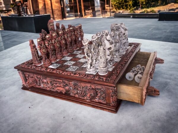Chess set 16.53” x 16.53”, Resin Chess set in red and white, Mexican chess, Chess set handmade, Soviet chess set, Wooden chess