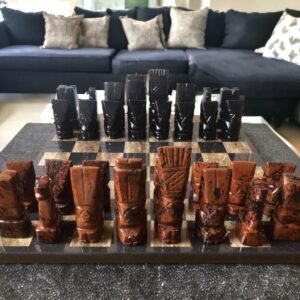LARGE Chess 13.77” x 13.77”, Obsidian chess set in black and brown, Marble chess board, Stone Chess Set, Chess set handmade, Mexican chess