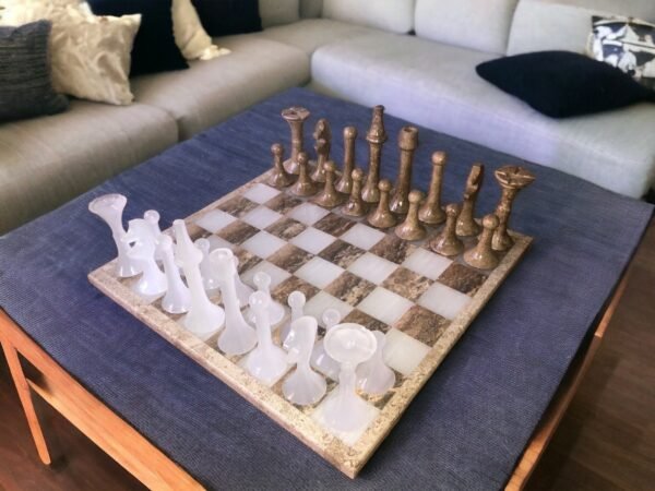 LARGE Chess set 13.77” x 13.77”, Marble Chess set in brown and white, Stone Chess Set, Chess set handmade, Italian design