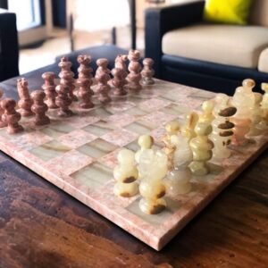 LARGE Chess set 13.77” x 13.77”, Marble Chess set in pink and green, Stone Chess Set, Chess set handmade