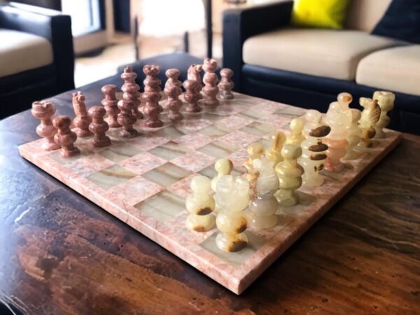 LARGE Chess set 13.77” x 13.77”, Marble Chess set in pink and green, Stone Chess Set, Chess set handmade