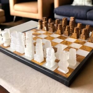 LARGE Chess set 13.77” x 13.77”, Marble Chess set in tarta and white, Stone Chess Set, Chess set handmade, Aztec chess set