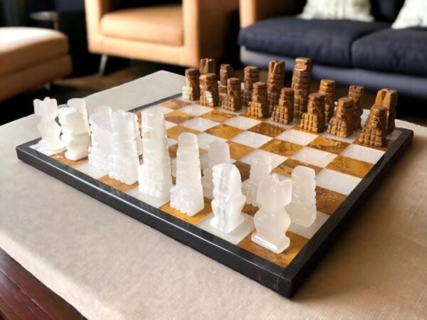 LARGE Chess set 13.77” x 13.77”, Marble Chess set in tarta and white, Stone Chess Set, Chess set handmade, Aztec chess set