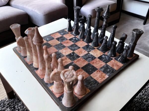 XL LARGE Chess set 16.53” x 16.53”, Marble Chess set in gray and pink, Stone Chess Set, Chess set handmade, Italian design