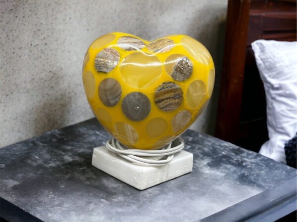 Table lamp crystal, Stone lamp, Heart figurine, Onyx lamp, Heart lamp, Love lamp, Yellow and white color