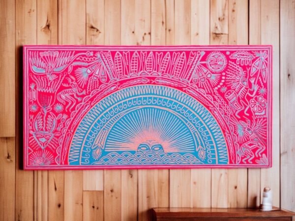 Huichol yarn painting, Mexican wall art, Wixarika culture, Abstract painting,  47.24” x  23.62”