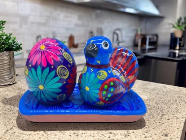 Salt And Pepper Shakers With Tray Made Of Clay Hand Painted Guerrero, Culture Of Mexico Salt And Pepper Set Lead Free Acrylic Paint