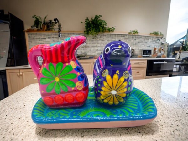 Salt And Pepper Shakers With Tray Made Of Clay Hand Painted Guerrero, Culture Of Mexico Salt And Pepper Set Lead Free Acrylic Paint