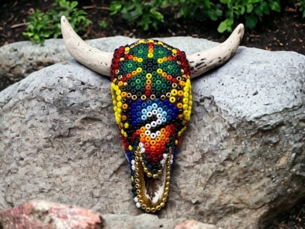 Bull Sculpture Huichol Statue Of Mexican Folk Art, Bighorn Sheep Wixarika As A Mexican Decorative Figure, Made Of Resin And Beads