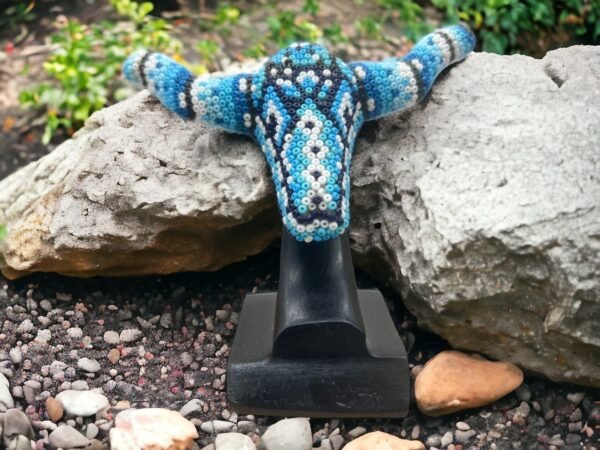 Bull Sculpture Huichol Statue Of Mexican Folk Art, Bighorn Sheep Wixarika As A Mexican Decorative Figure, Made Of Resin And Beads