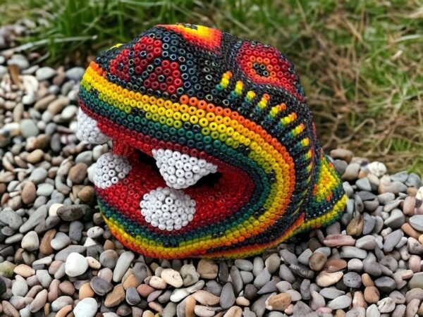 Jaguar Statue  Huichol Sculpture Of Mexican Folk Art, Panther Wixarika As A Mexican Decorative Figure , Made Of Resin And Beads