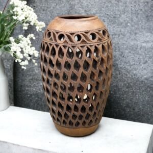 Flower Vase Of Brown Clay Authentic From Oaxaca Mexico, Handmade And Elegant Lamp For Interior Home Design Decor Centerpiece Jarron Barro