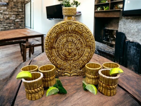 Gold Ceramic Aztec Calendar Tequila Shot Glass, Guadalajara Tequila and Mezcal, Unique Set as father's day gift, Tequila set of 8 pieces