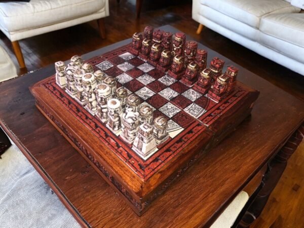 Chess set 10.23” x 10.23”, Resin Chess set in red and white, Mexican chess, Chess set handmade, Wooden chess, Doubles as a book
