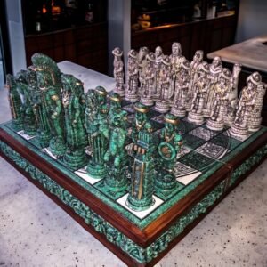Chess set 16.53” x 16.53”, Resin Chess set in green and white, Mexican chess, Chess set handmade, Wooden chess, Doubles as a book