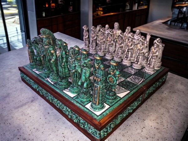 Chess set 16.53” x 16.53”, Resin Chess set in green and white, Mexican chess, Chess set handmade, Wooden chess, Doubles as a book