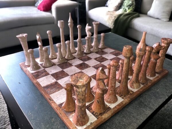XL LARGE Chess set 16.53” x 16.53”, Marble Chess set in orange and beige, Stone Chess Set, Chess set handmade, Italian design