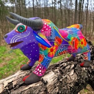 Bull Figurine Mexican Folk Art Alebrije Statue, Wooden Bull As Mexican Decoration Art, Made Of Wood And Carved By Hand