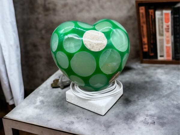 Table lamp crystal, Stone lamp, Heart figurine, Onyx lamp, Heart lamp, Love lamp, Green and white color