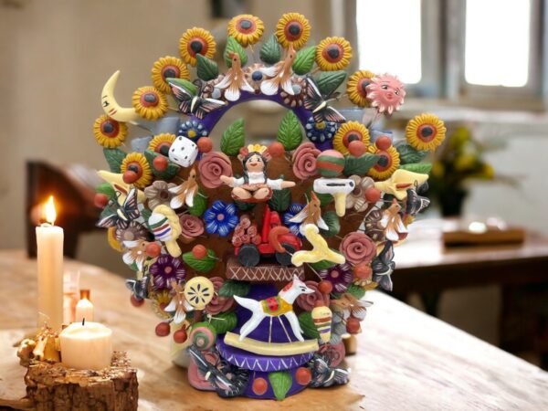 Lele Treasure Toys And Gifts Tree Of Life, Candle Holder, Candelabra, Arbol de la vida, Mexican Pottery, Mexican Candelabra 9” High