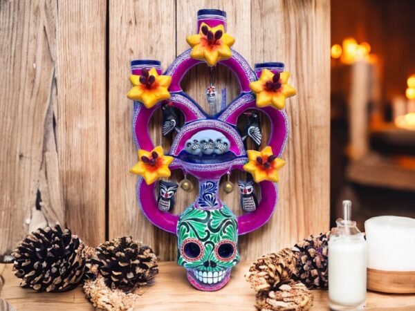 Skull Candle Holder, Tree of death, Candelabra, Arbol de la muerte, Mexican Pottery, Mexican Candelabra 9” High