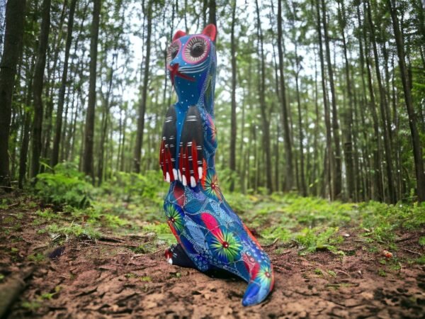 Cat Statue Mexican Folk Art Alebrije Sculpture, Wooden As Mexican Decoration Figurine, Made Of Wood And Carved By Hand