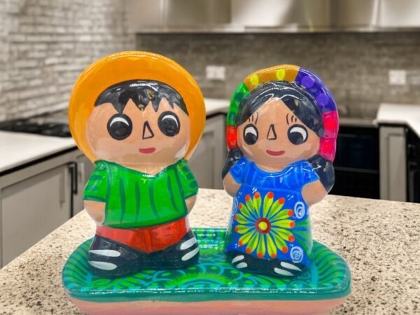 Salt And Pepper Shakers With Tray Made Of Clay Hand Painted Guerrero, Culture Of Mexico Salt And Pepper Set Lead Free Acrylic Paint