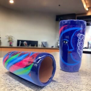 Tequila Shot Glasses (2) Pair Of Clay Hand Painted Guerrero, Culture Of Mexico in a Shot Glass Lead Free Acrylic Paint And Varnished