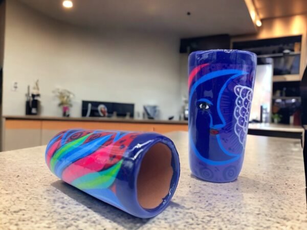 Tequila Shot Glasses (2) Pair Of Clay Hand Painted Guerrero, Culture Of Mexico in a Shot Glass Lead Free Acrylic Paint And Varnished