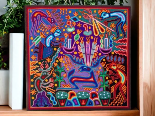 Huichol yarn painting, Mexican wall art, Wixarika culture, Abstract painting, 24” x  24”