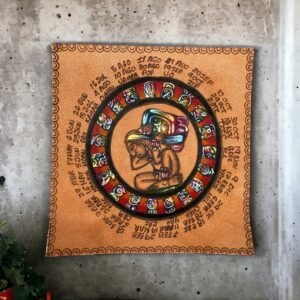 Handcraftedd Aztec Maya Leather Art: Exquisite Pyrography Cultural Decor Craftsmanship, Luxurious Hand Burned Detail, Ancient Symbols