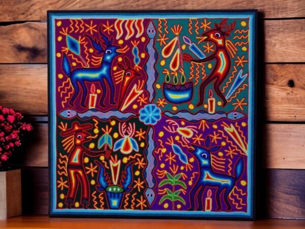 Huichol yarn painting, Mexican wall art, Wixarika culture, Abstract painting, 24” x  24”