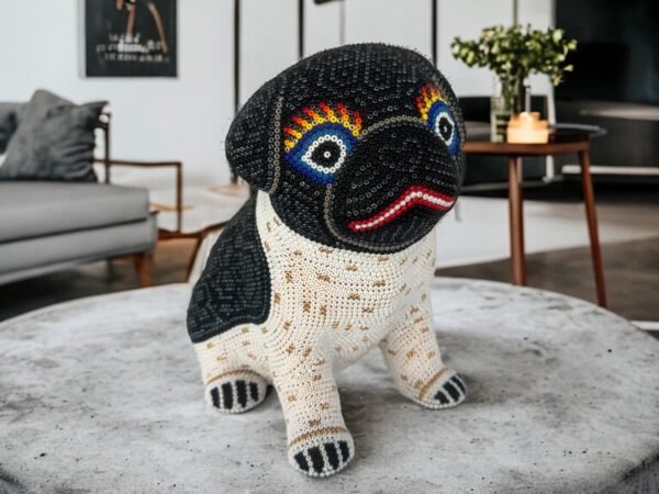 Pug Dog Puppy Statue Huichol Sculpture Of Mexican Folk Art, Pet Wixarika As A Mexican Decorative Figure, Made Of Resin And Beads