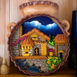 Wall Art 3D In Rock Pomez And Clay Frame/ Hand Carved And Design In Mexico Cantarito Charm Unique  Colorful Folk Wall Art Landscape Painting