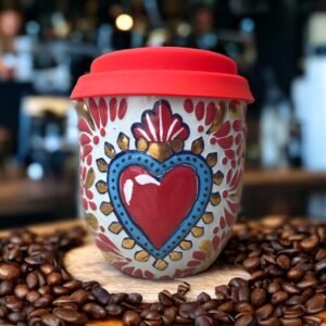 Cappuccino Cup Gold Details, Mexican Coffee Mug, Puebla Talavera Pottery, Ceramic Thermos, Handmade Lead-Free Includes Lid, Custom Available