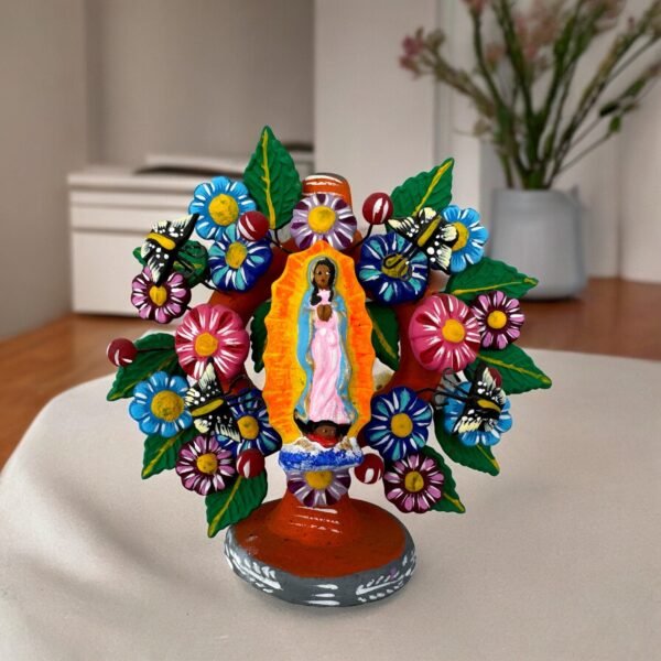 Virgen De Guadalupe - Mary Virgin Candle Holder, Tree of life, Candelabra, Arbol de la vida, Mexican Pottery, Mexican Candelabra 4.33” High