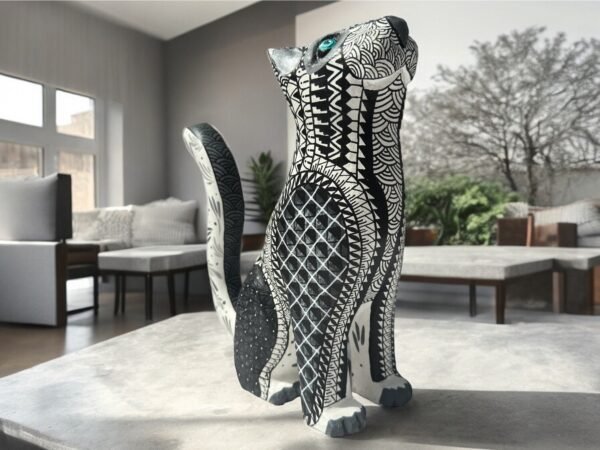 Cat Statue Mexican Folk Art Alebrije Sculpture, Wooden As Mexican Decoration Figurine, Made Of Wood And Carved By Hand