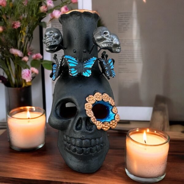 Skull Mini Chimney Michoacan Clay - Artisanal Handcrafted Mexican Decor, Unique Gothic Home Accent Decor, Day of the Dead Cultural Art